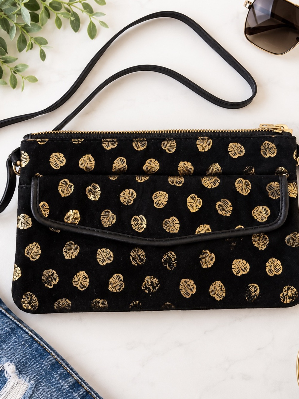 Galeries Lafayette Black & Gold Velvet Crossbody Clutch Bag